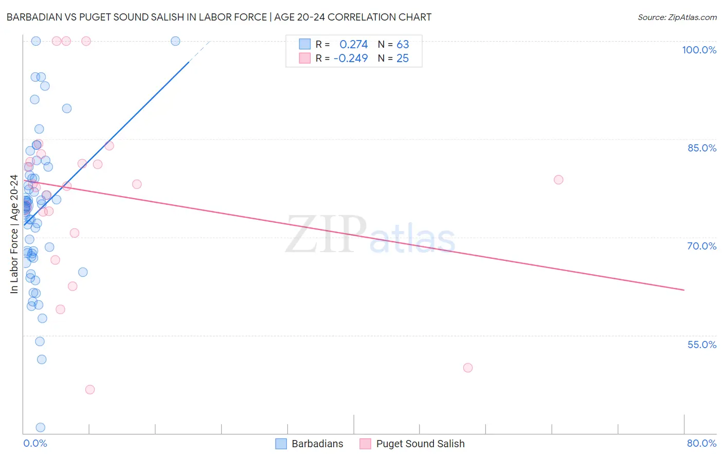 Barbadian vs Puget Sound Salish In Labor Force | Age 20-24