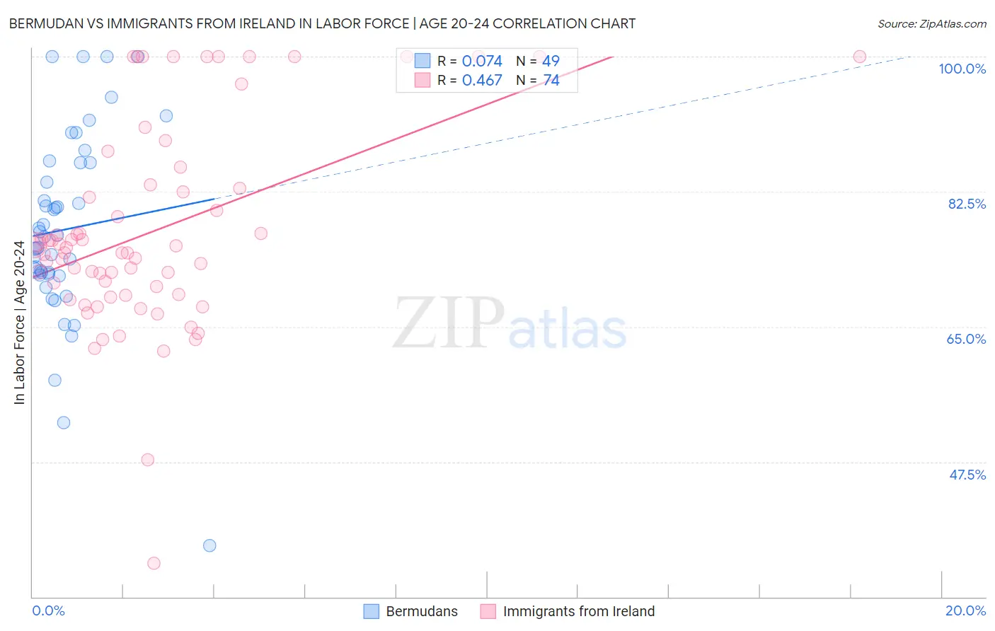 Bermudan vs Immigrants from Ireland In Labor Force | Age 20-24