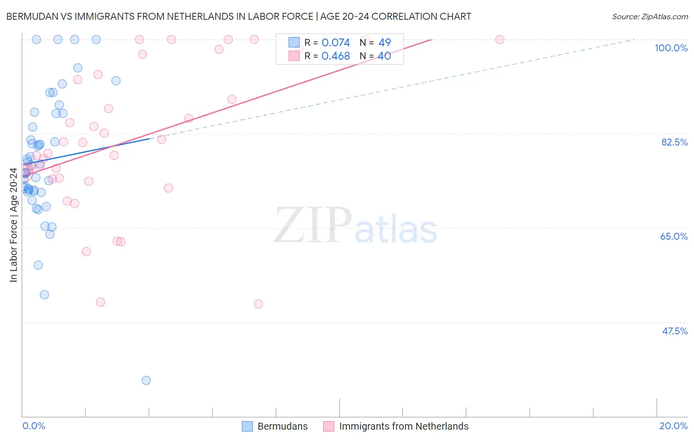 Bermudan vs Immigrants from Netherlands In Labor Force | Age 20-24