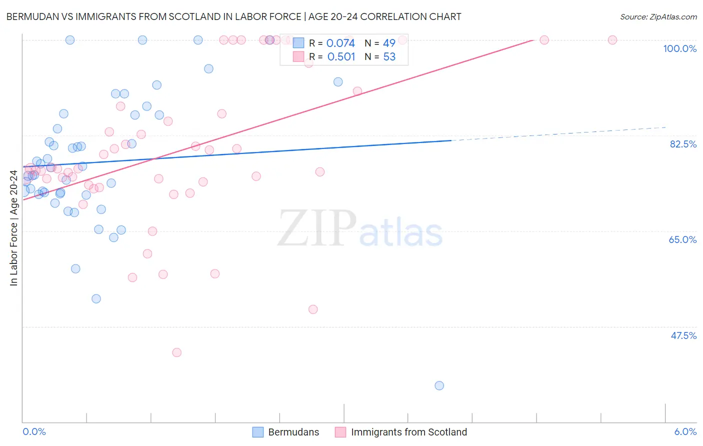 Bermudan vs Immigrants from Scotland In Labor Force | Age 20-24