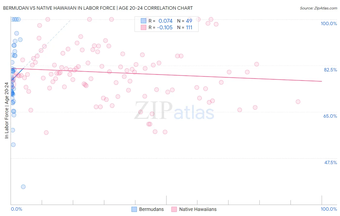 Bermudan vs Native Hawaiian In Labor Force | Age 20-24
