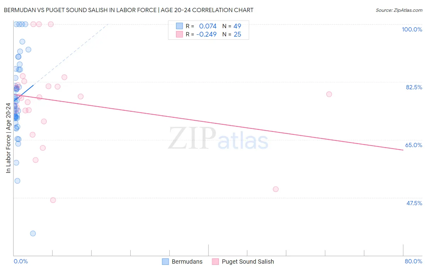 Bermudan vs Puget Sound Salish In Labor Force | Age 20-24