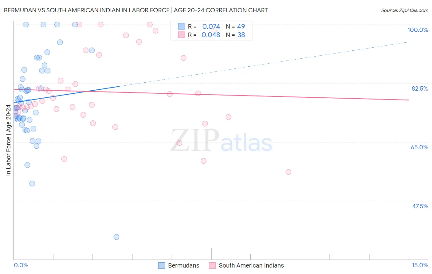 Bermudan vs South American Indian In Labor Force | Age 20-24