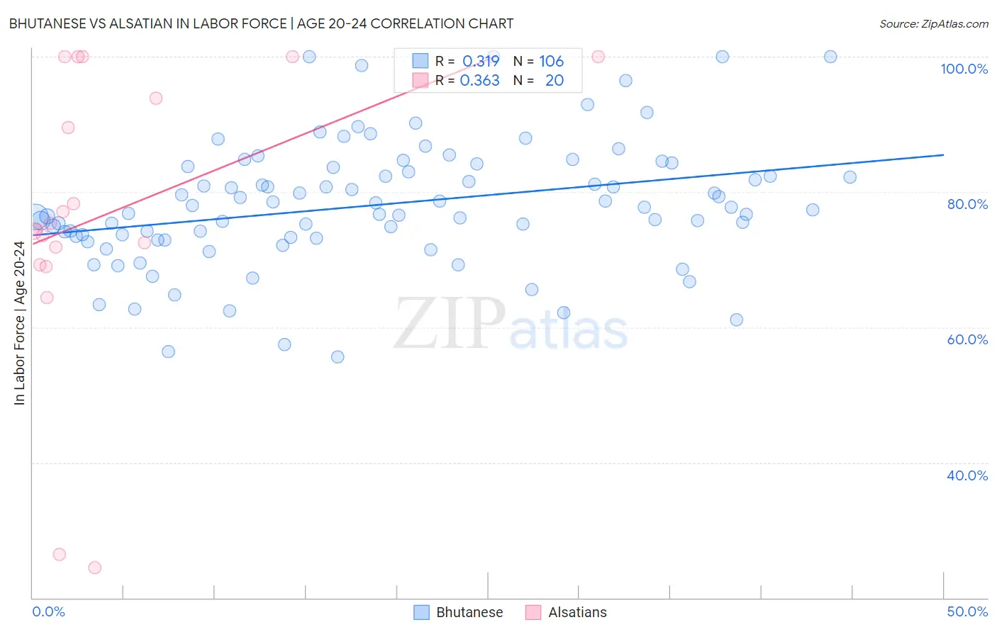 Bhutanese vs Alsatian In Labor Force | Age 20-24