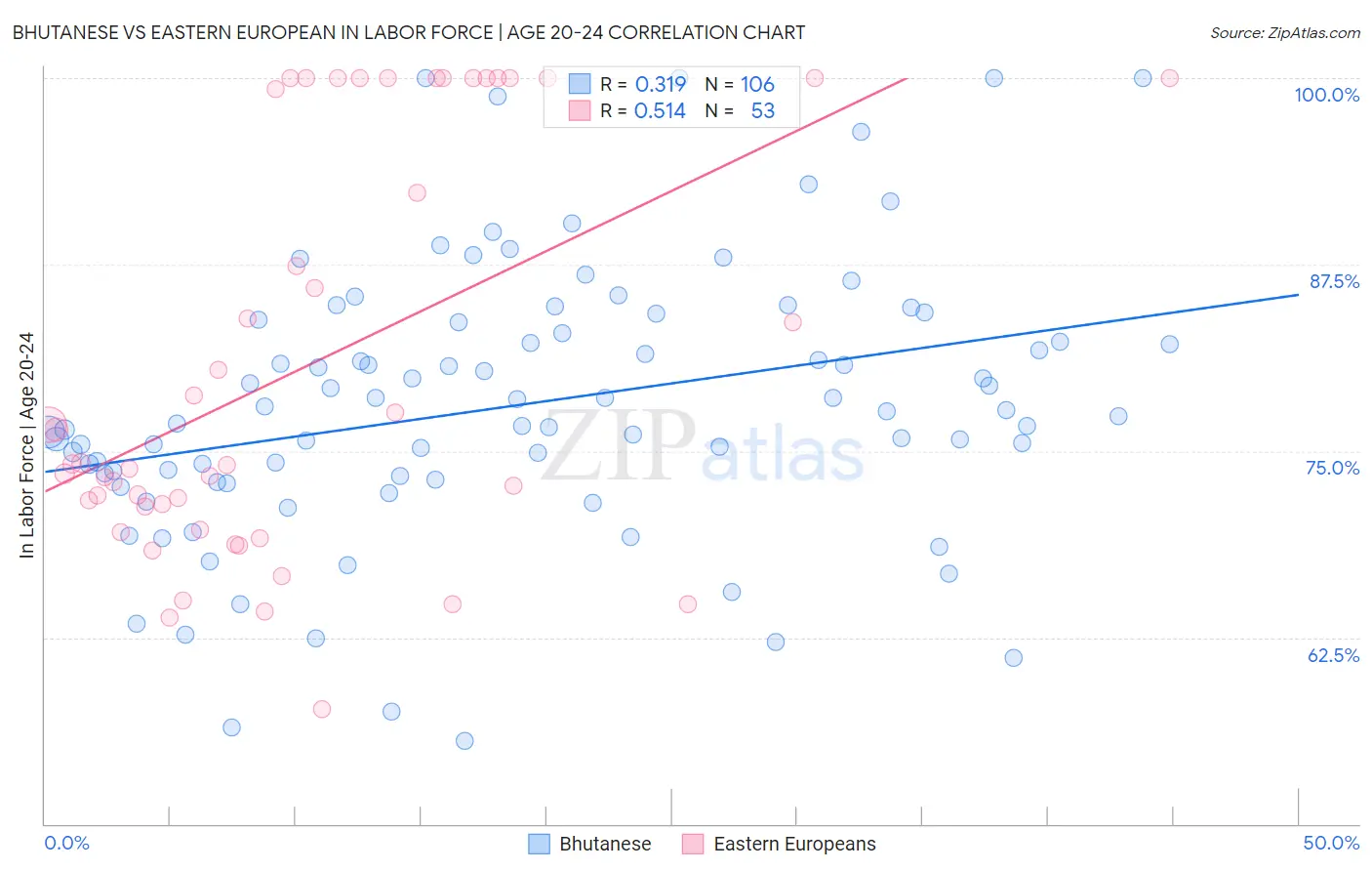 Bhutanese vs Eastern European In Labor Force | Age 20-24