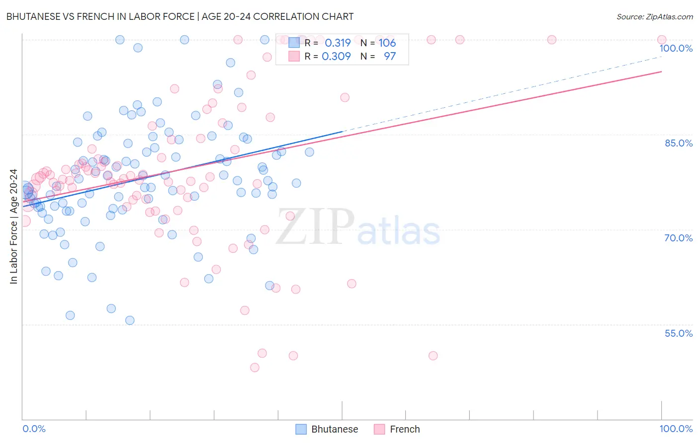 Bhutanese vs French In Labor Force | Age 20-24