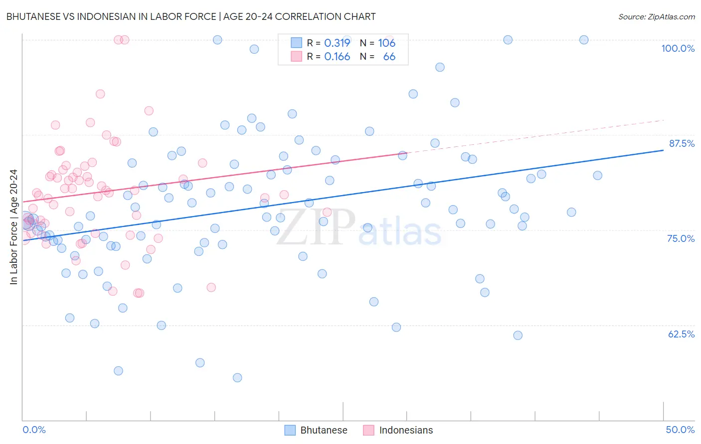 Bhutanese vs Indonesian In Labor Force | Age 20-24