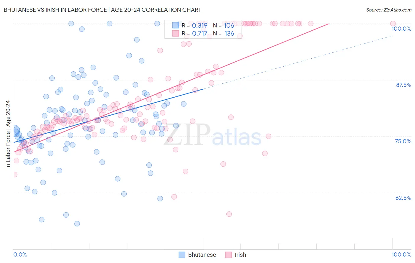 Bhutanese vs Irish In Labor Force | Age 20-24