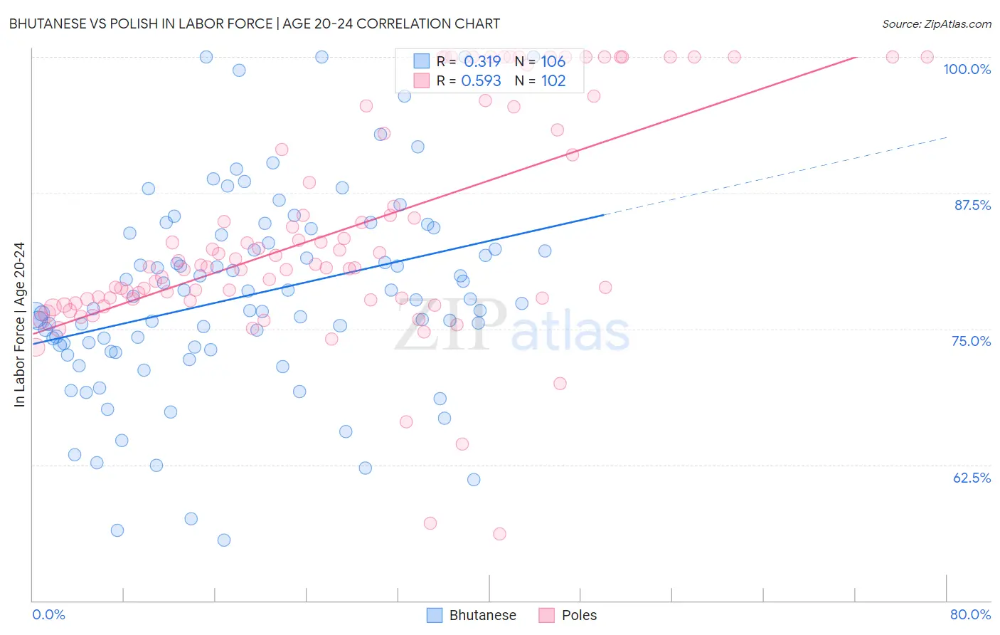 Bhutanese vs Polish In Labor Force | Age 20-24