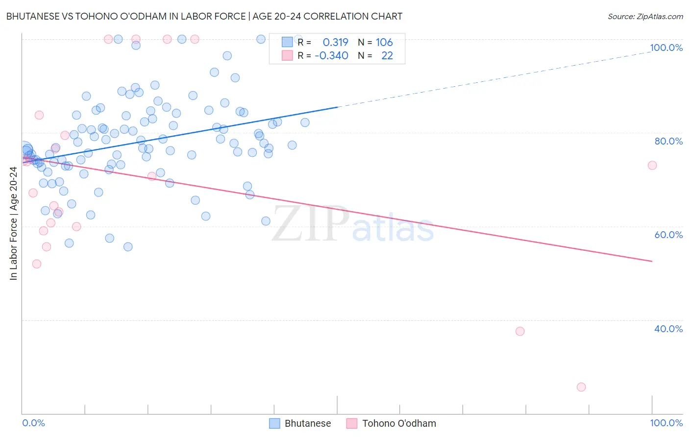 Bhutanese vs Tohono O'odham In Labor Force | Age 20-24