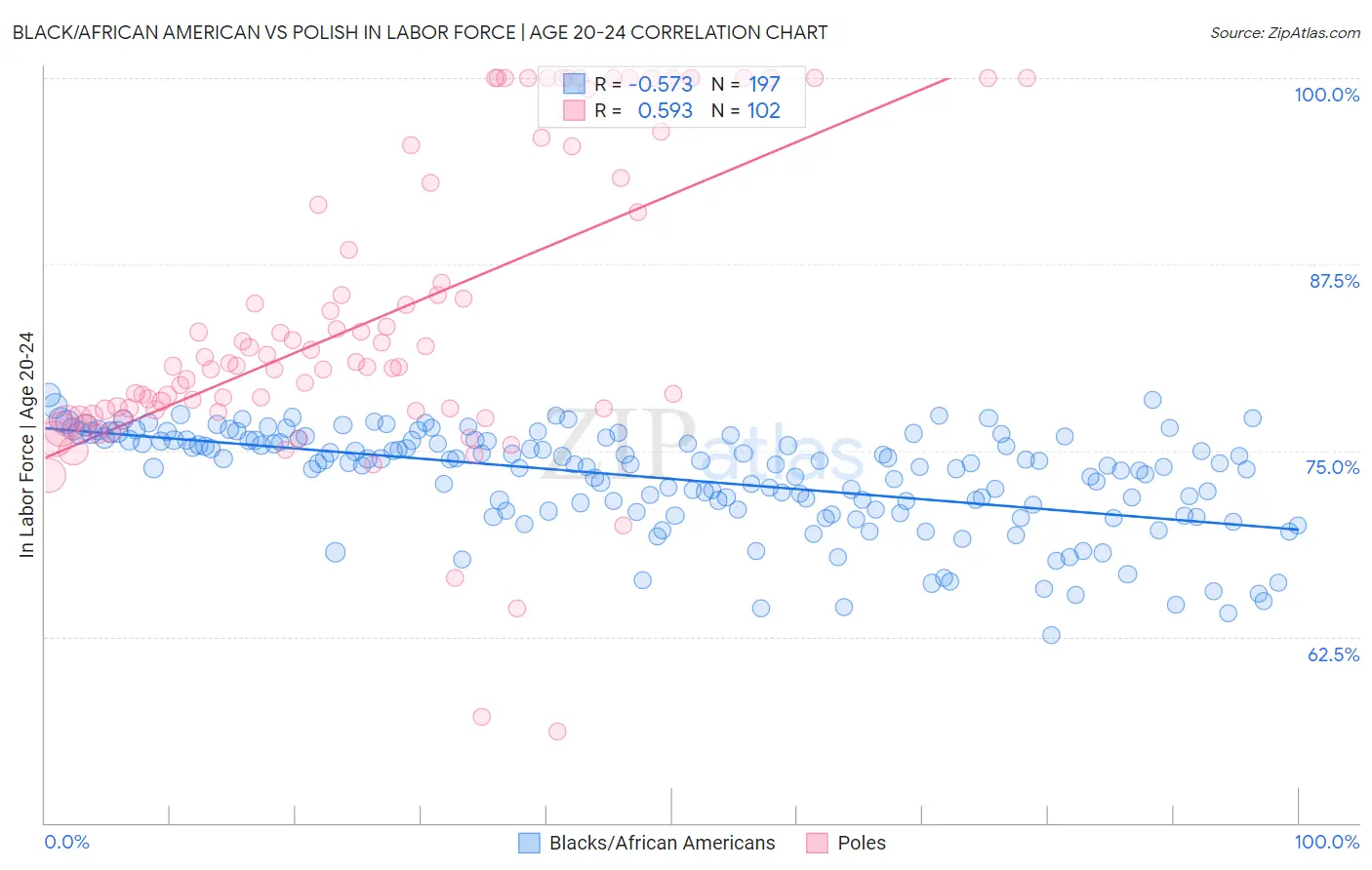 Black/African American vs Polish In Labor Force | Age 20-24