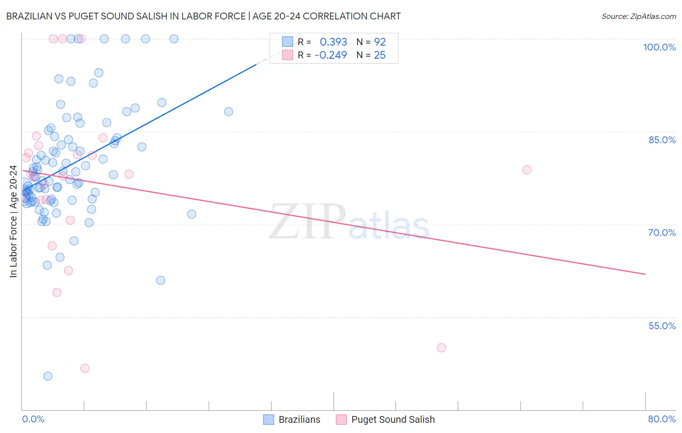 Brazilian vs Puget Sound Salish In Labor Force | Age 20-24