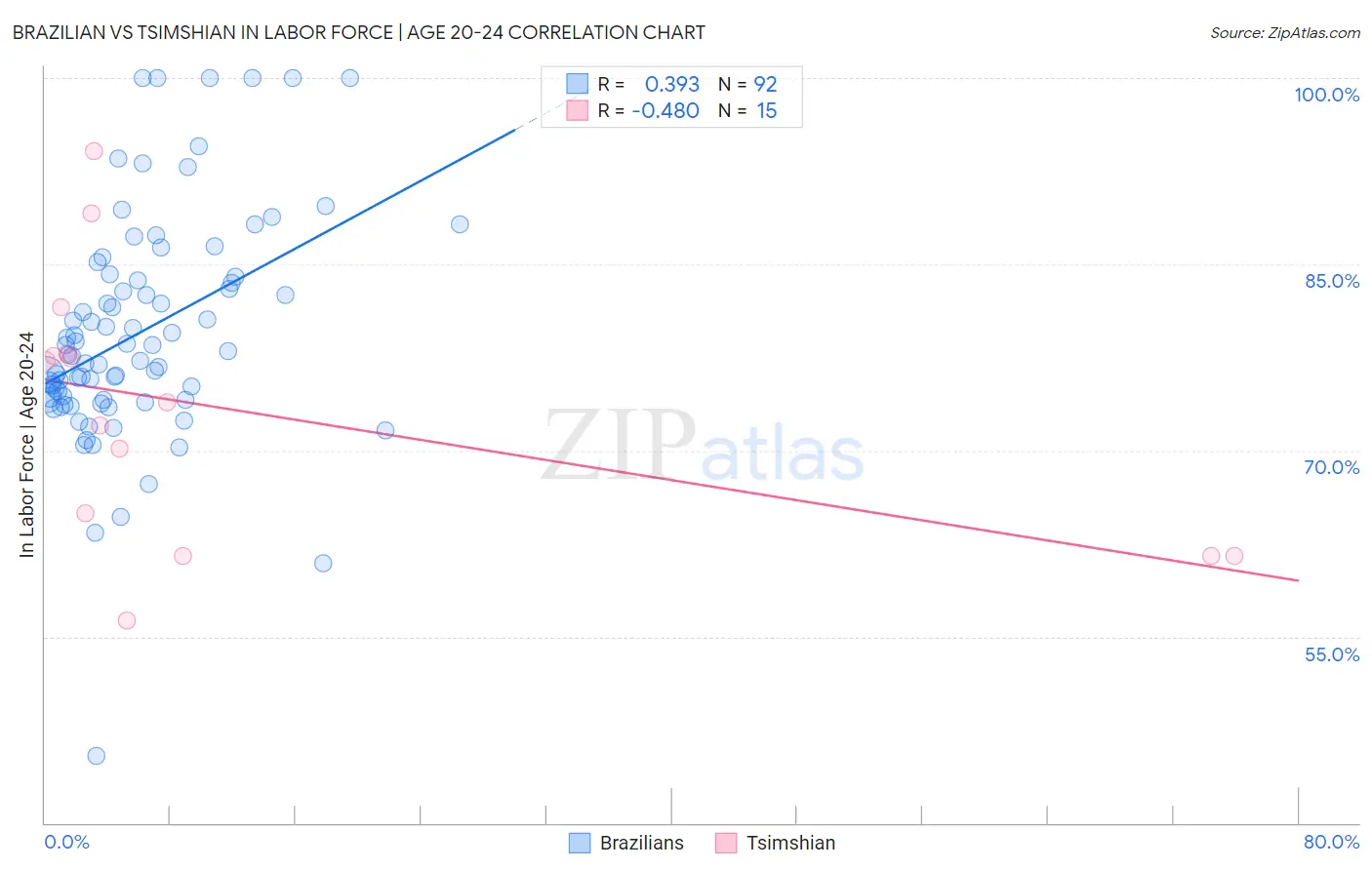 Brazilian vs Tsimshian In Labor Force | Age 20-24