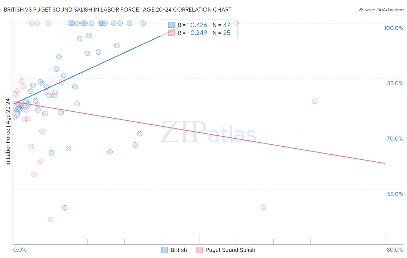 British vs Puget Sound Salish In Labor Force | Age 20-24