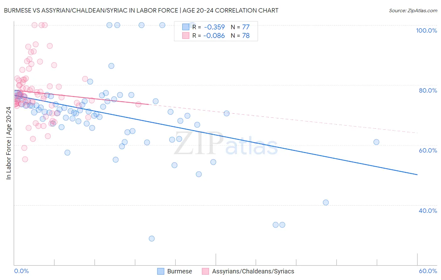 Burmese vs Assyrian/Chaldean/Syriac In Labor Force | Age 20-24