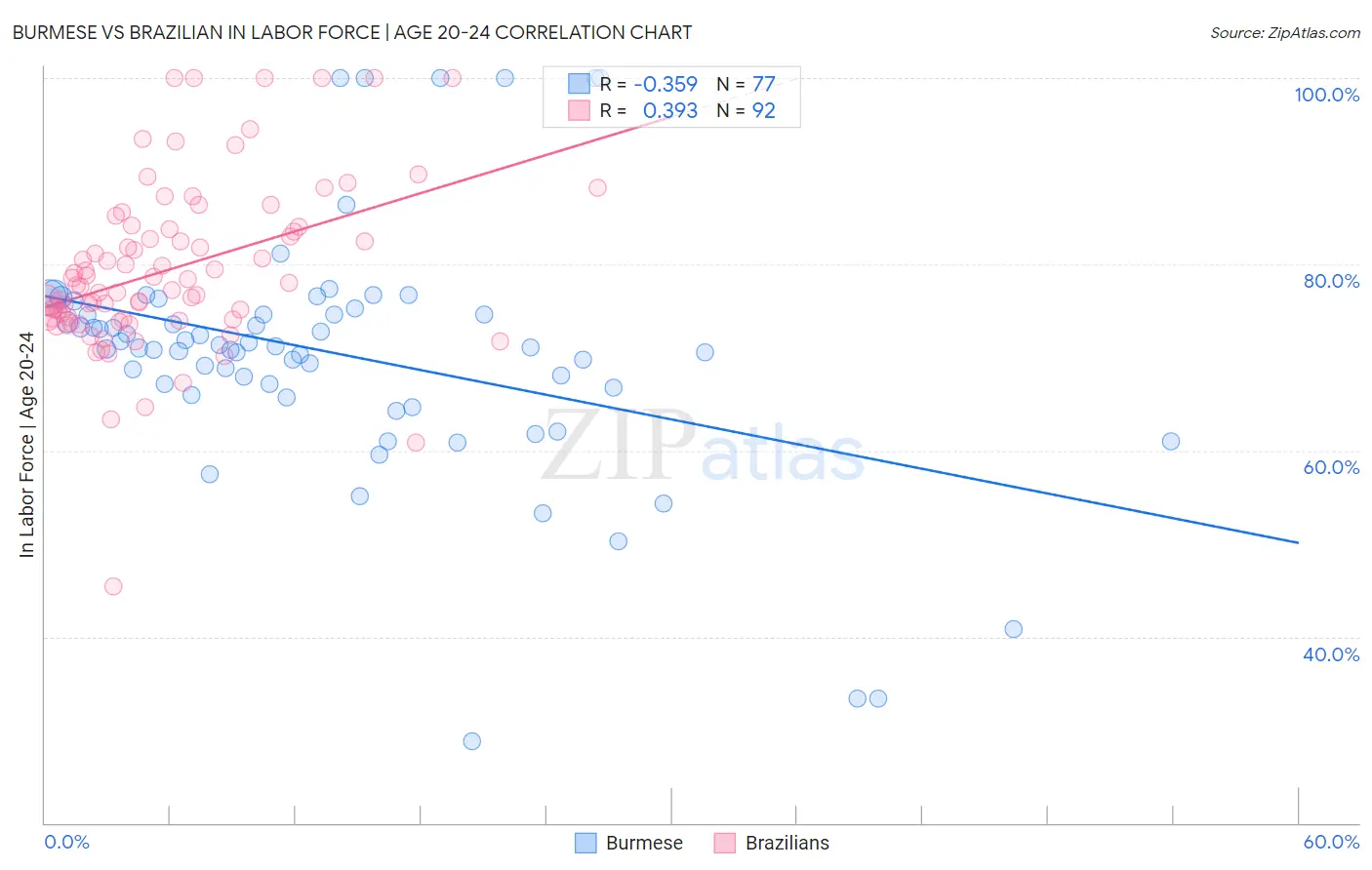 Burmese vs Brazilian In Labor Force | Age 20-24