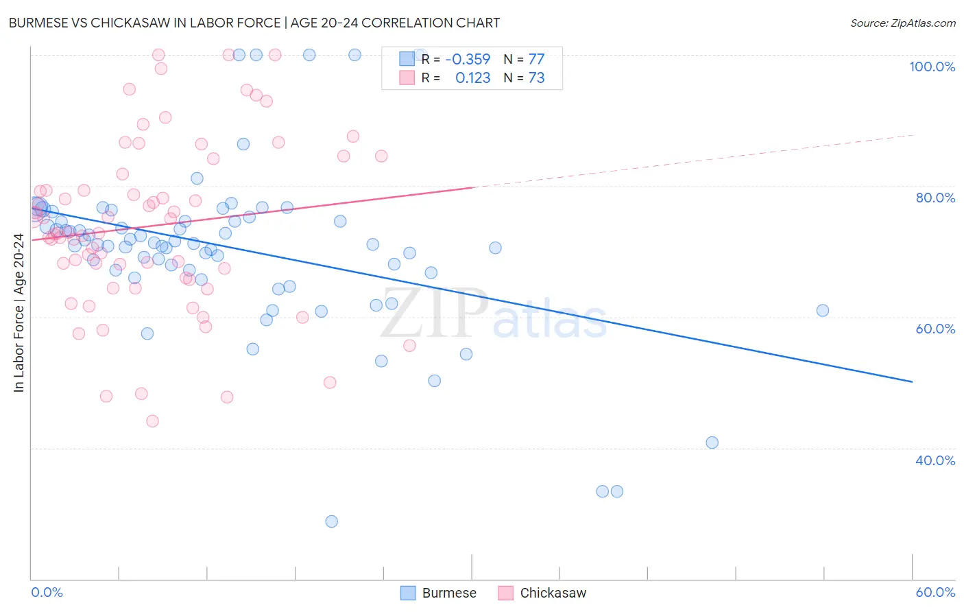 Burmese vs Chickasaw In Labor Force | Age 20-24