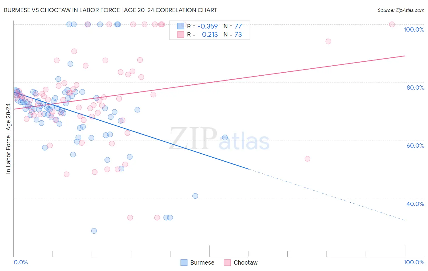 Burmese vs Choctaw In Labor Force | Age 20-24