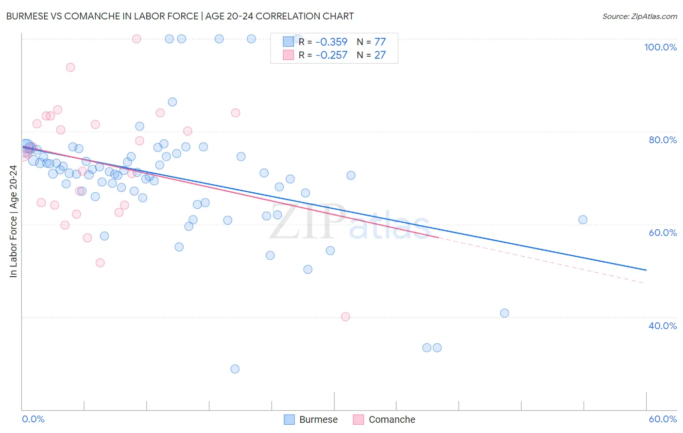 Burmese vs Comanche In Labor Force | Age 20-24