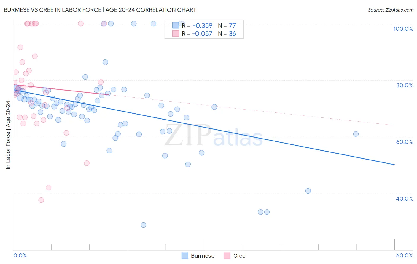 Burmese vs Cree In Labor Force | Age 20-24