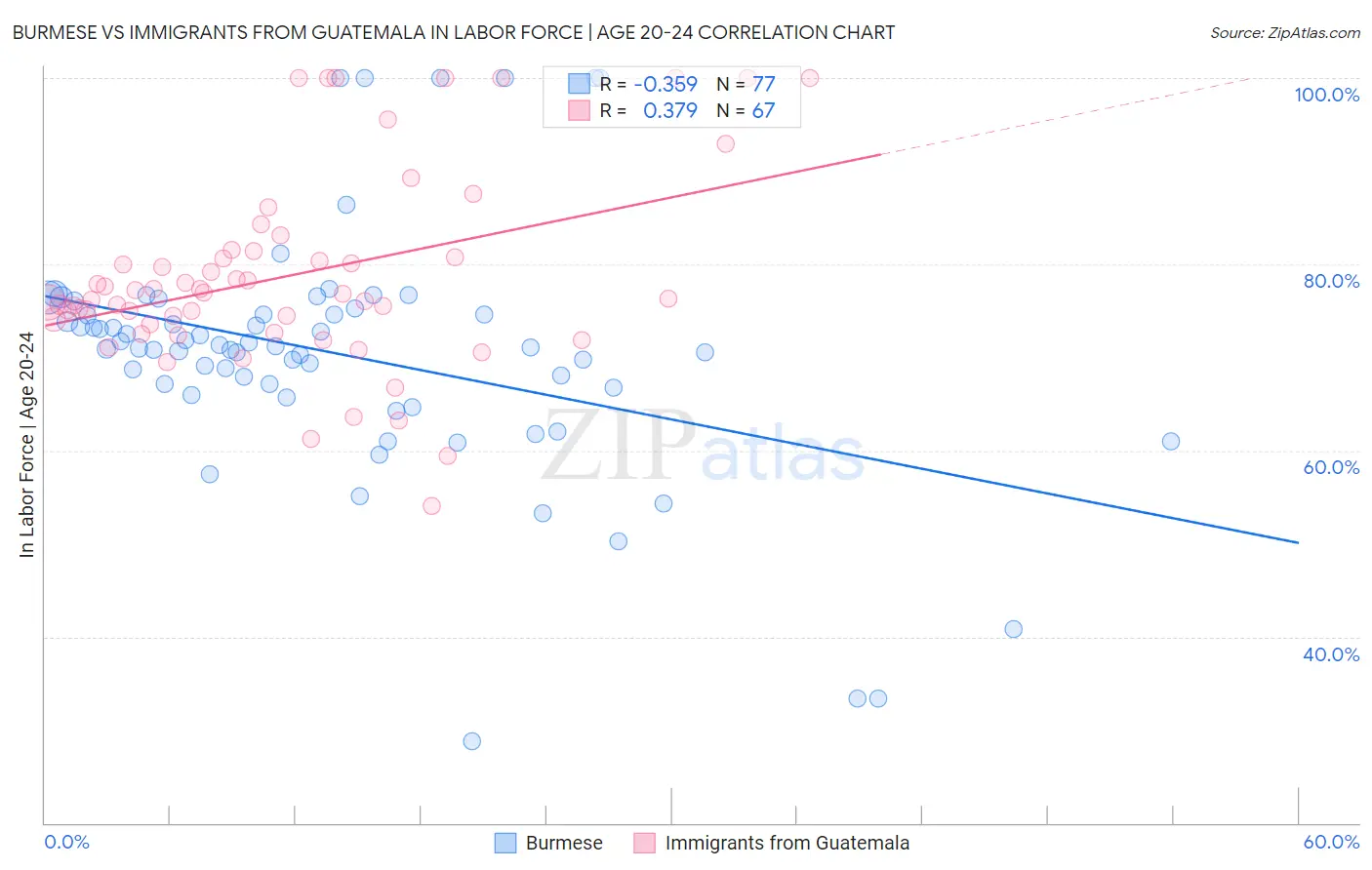 Burmese vs Immigrants from Guatemala In Labor Force | Age 20-24
