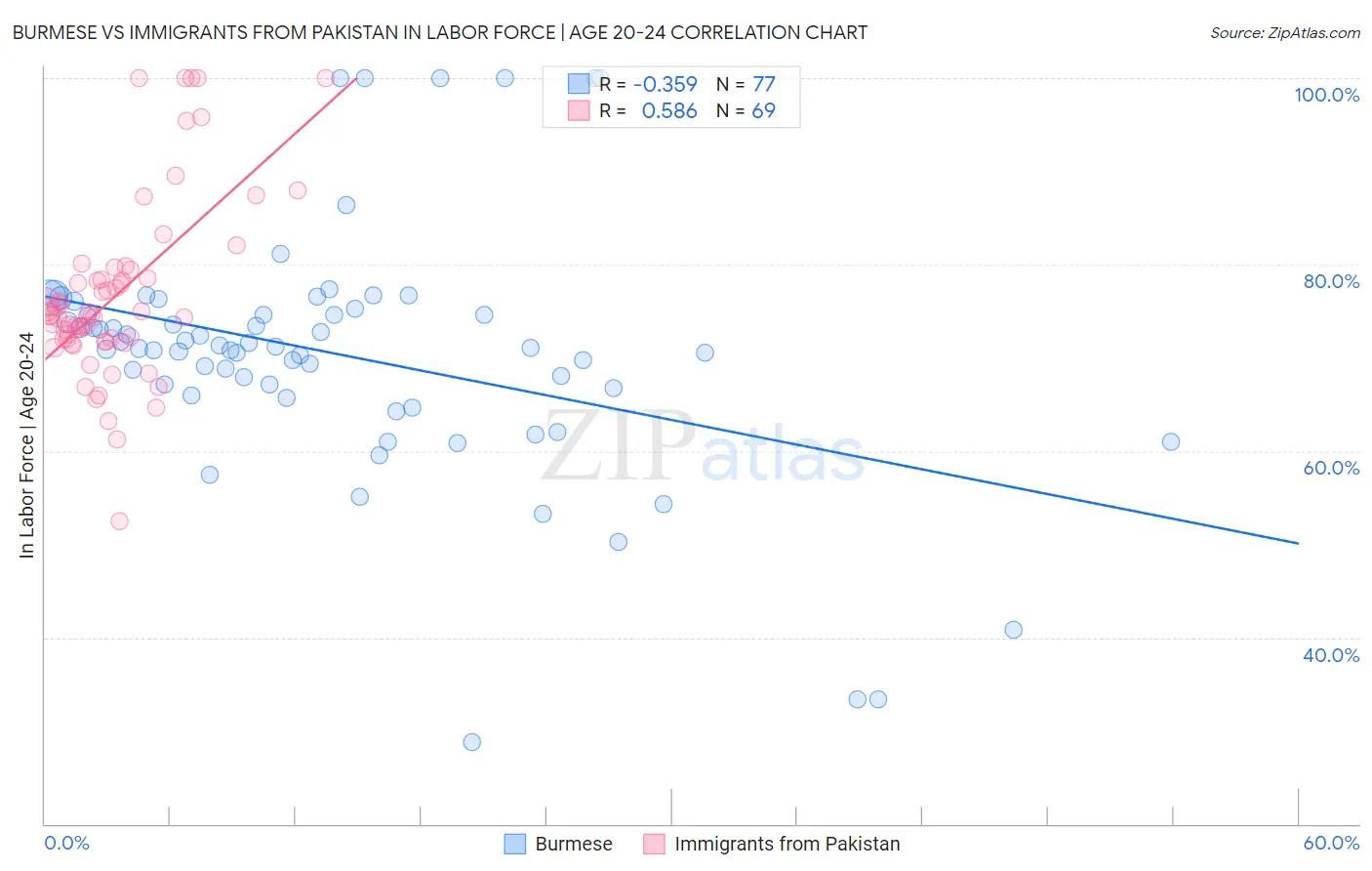 Burmese vs Immigrants from Pakistan In Labor Force | Age 20-24