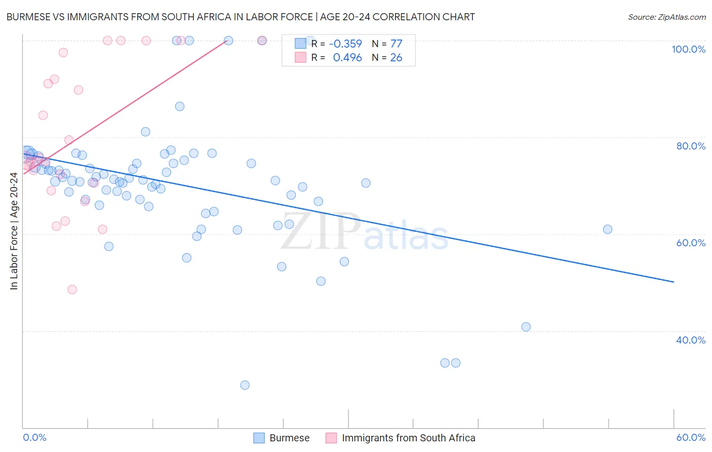 Burmese vs Immigrants from South Africa In Labor Force | Age 20-24
