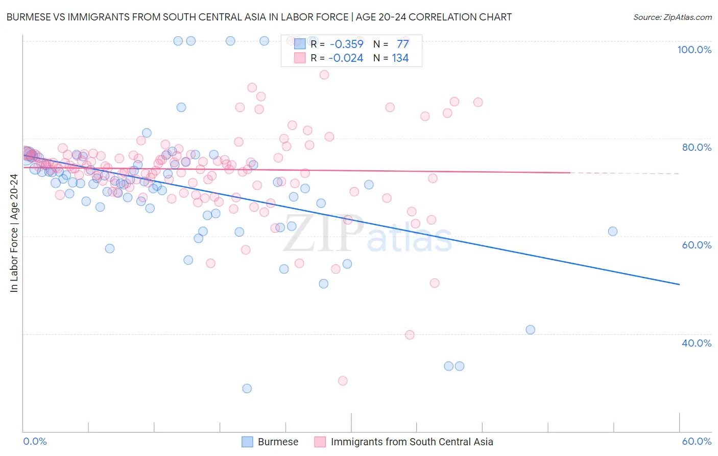 Burmese vs Immigrants from South Central Asia In Labor Force | Age 20-24