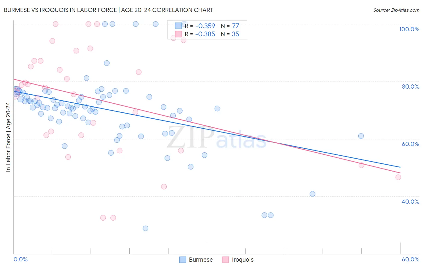 Burmese vs Iroquois In Labor Force | Age 20-24