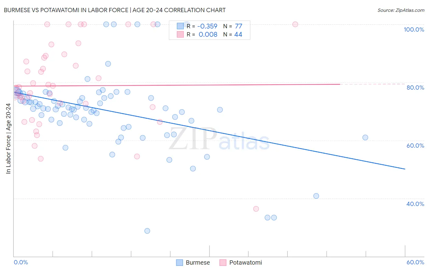 Burmese vs Potawatomi In Labor Force | Age 20-24