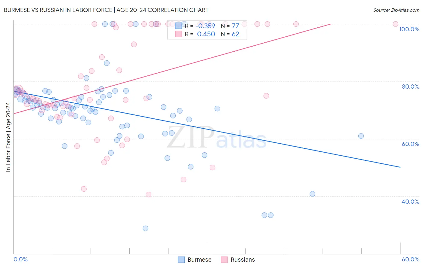 Burmese vs Russian In Labor Force | Age 20-24
