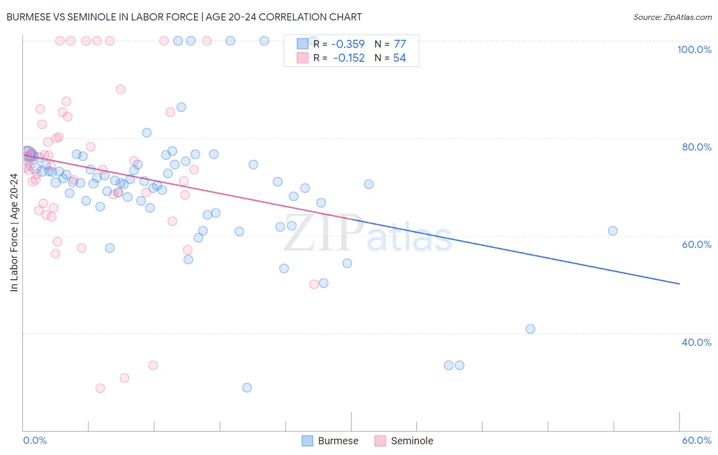 Burmese vs Seminole In Labor Force | Age 20-24