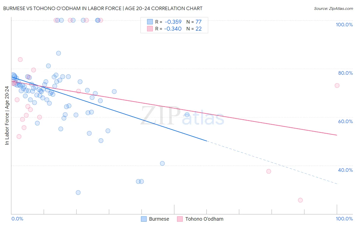 Burmese vs Tohono O'odham In Labor Force | Age 20-24