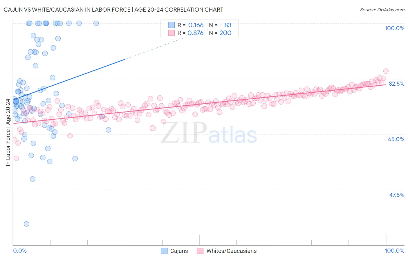 Cajun vs White/Caucasian In Labor Force | Age 20-24