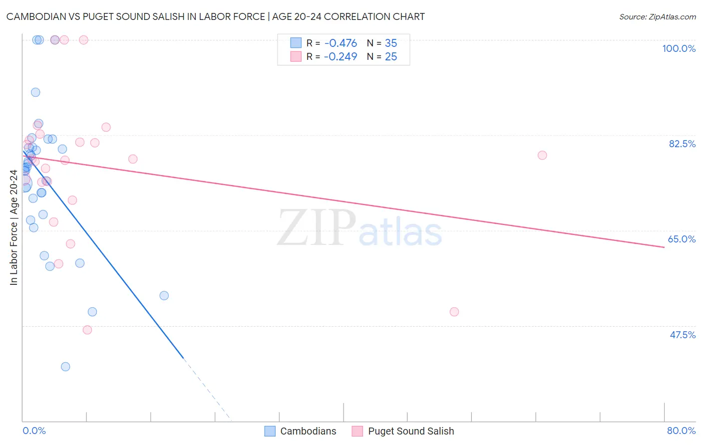 Cambodian vs Puget Sound Salish In Labor Force | Age 20-24