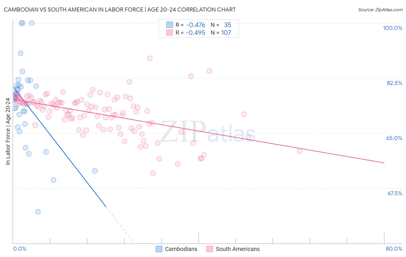 Cambodian vs South American In Labor Force | Age 20-24