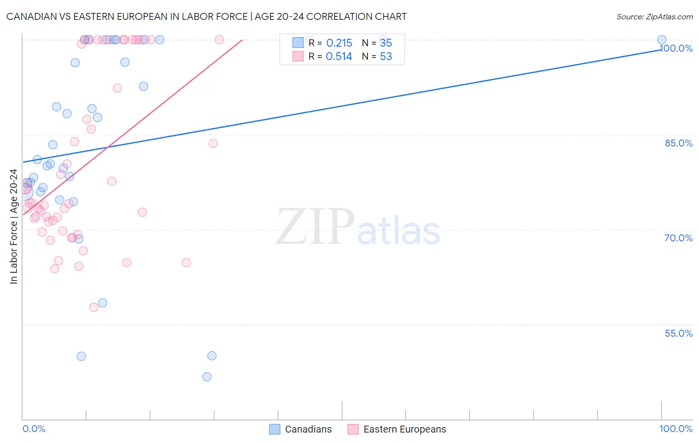 Canadian vs Eastern European In Labor Force | Age 20-24