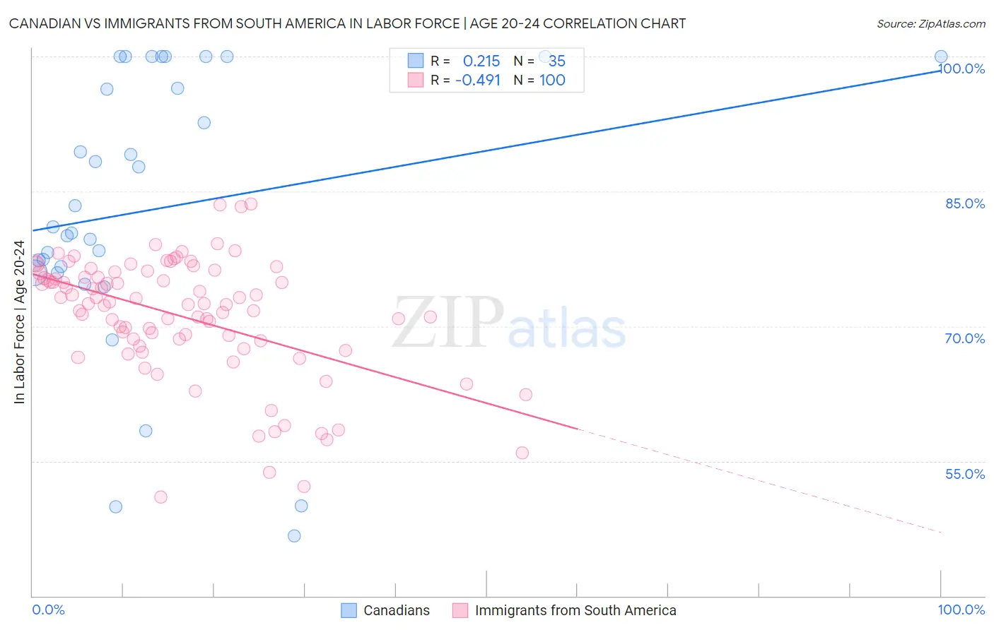 Canadian vs Immigrants from South America In Labor Force | Age 20-24