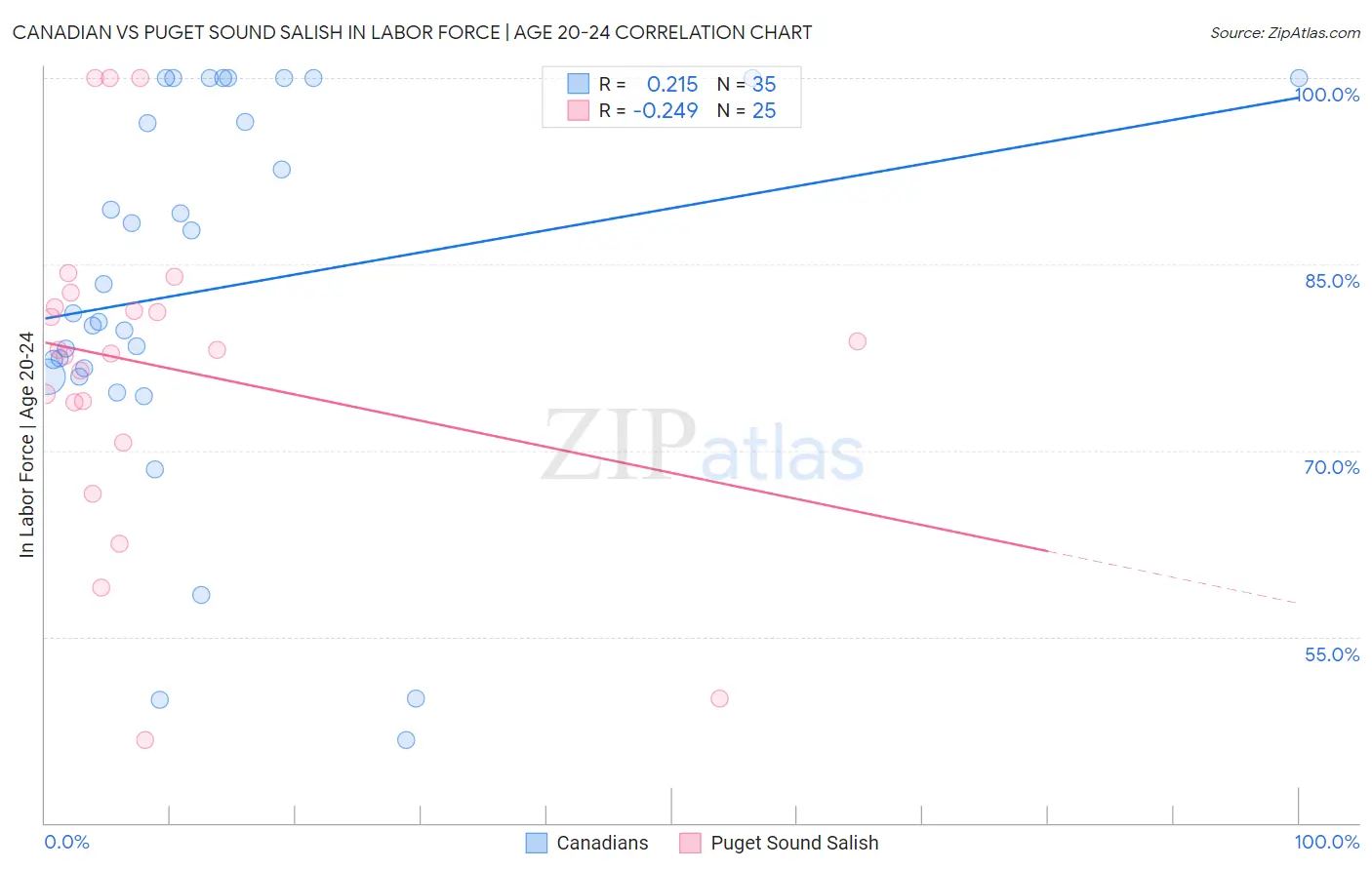 Canadian vs Puget Sound Salish In Labor Force | Age 20-24