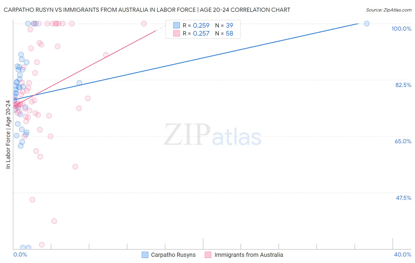 Carpatho Rusyn vs Immigrants from Australia In Labor Force | Age 20-24