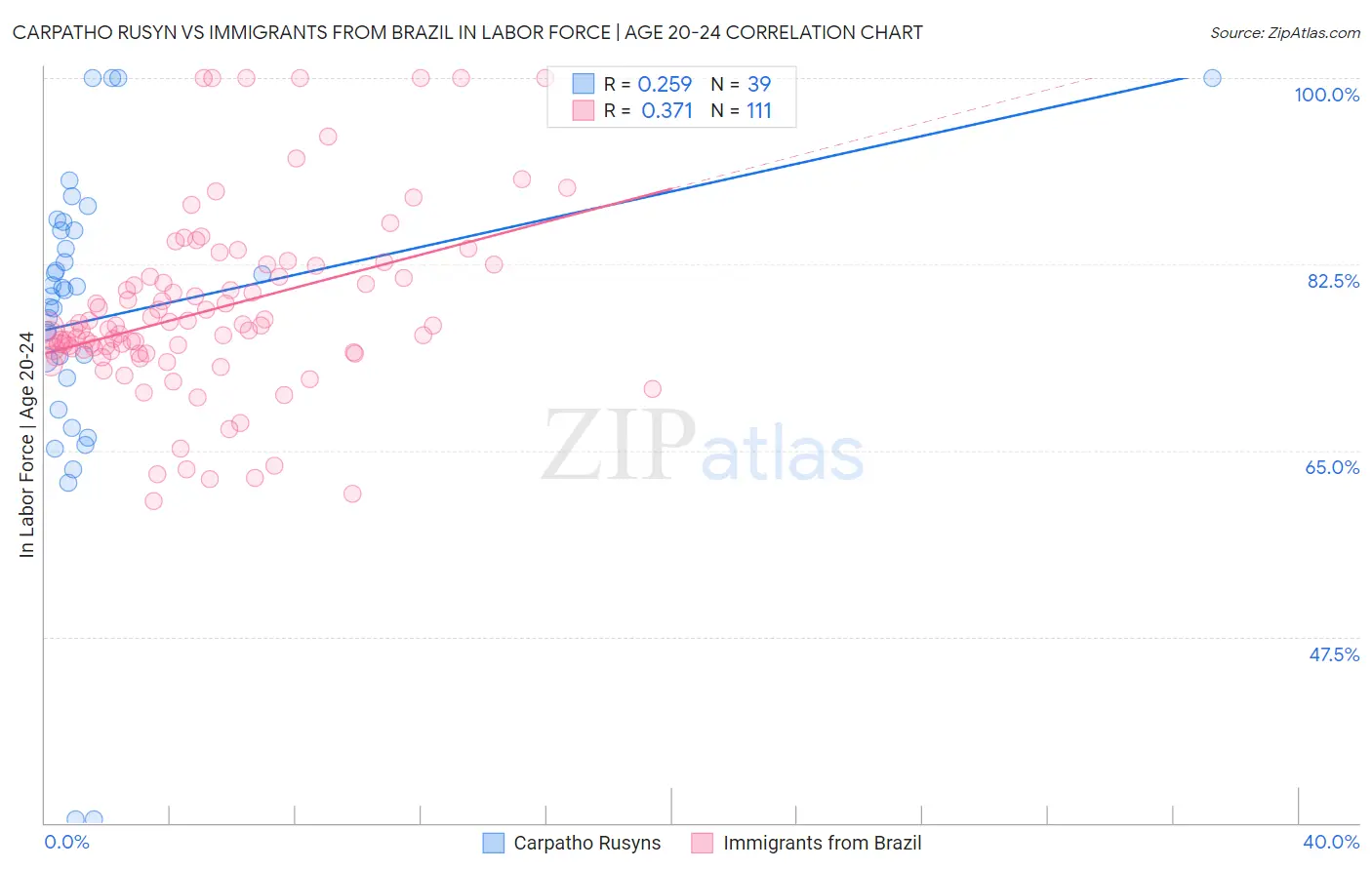 Carpatho Rusyn vs Immigrants from Brazil In Labor Force | Age 20-24