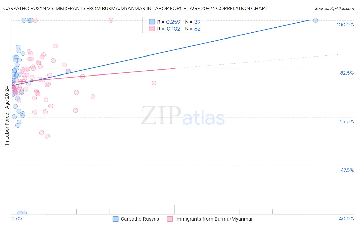 Carpatho Rusyn vs Immigrants from Burma/Myanmar In Labor Force | Age 20-24