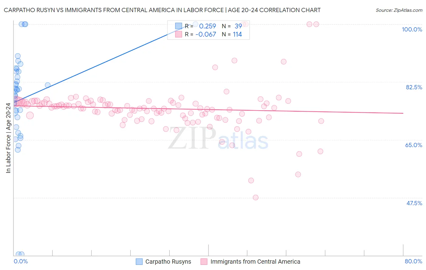 Carpatho Rusyn vs Immigrants from Central America In Labor Force | Age 20-24