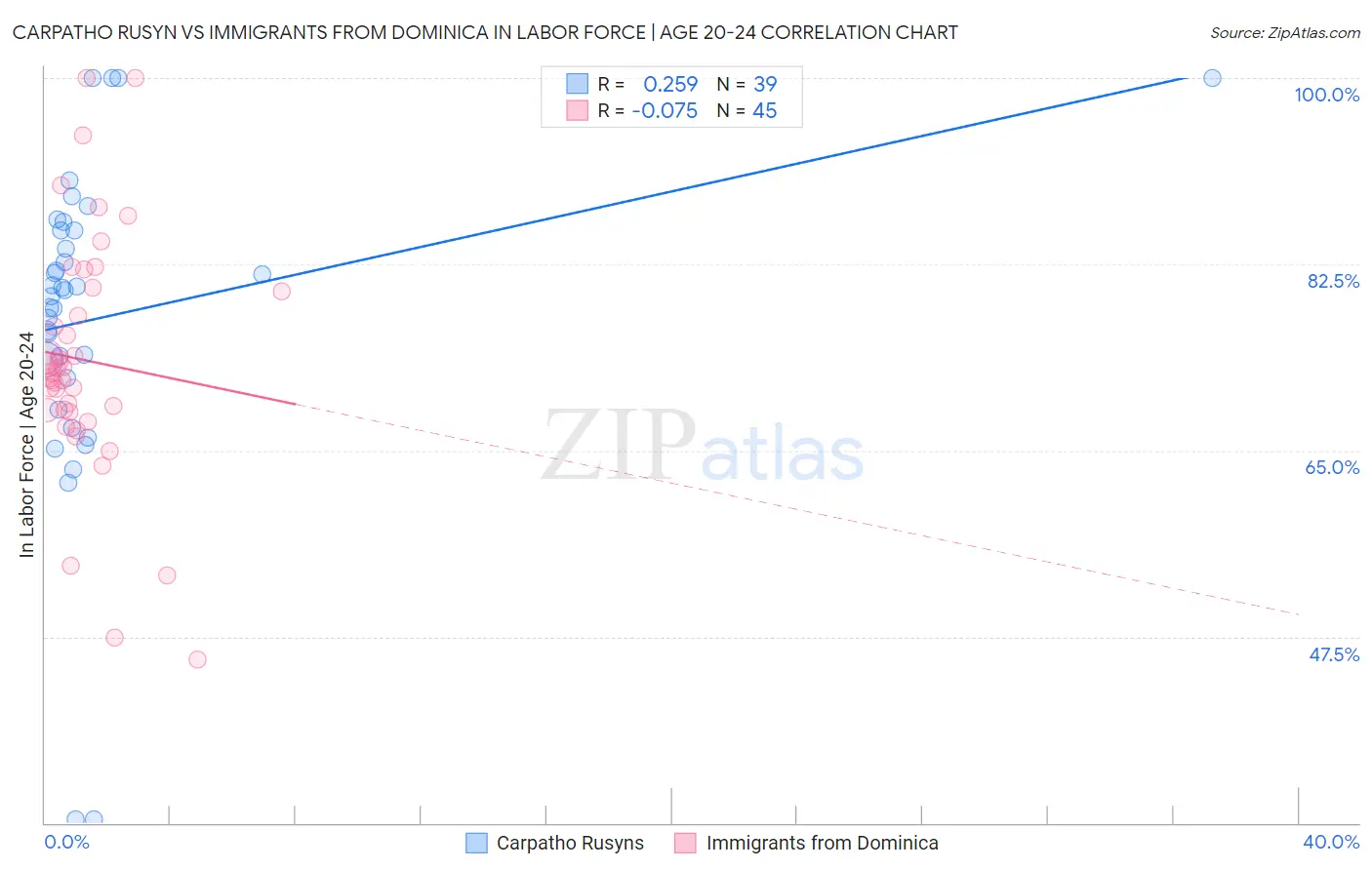 Carpatho Rusyn vs Immigrants from Dominica In Labor Force | Age 20-24