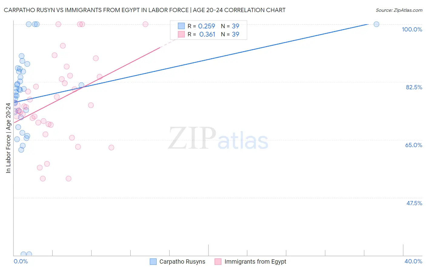 Carpatho Rusyn vs Immigrants from Egypt In Labor Force | Age 20-24