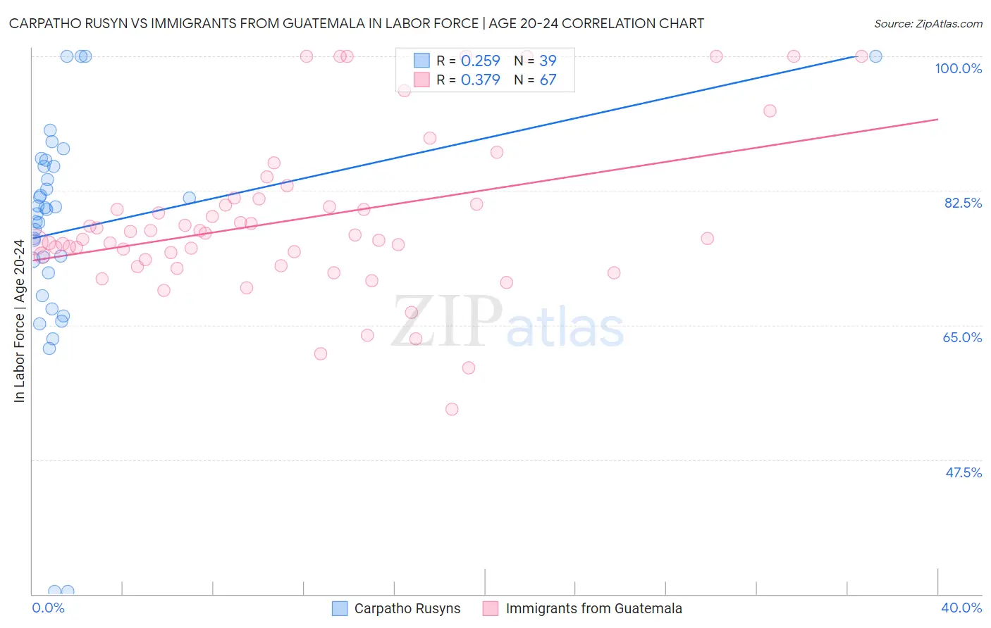 Carpatho Rusyn vs Immigrants from Guatemala In Labor Force | Age 20-24