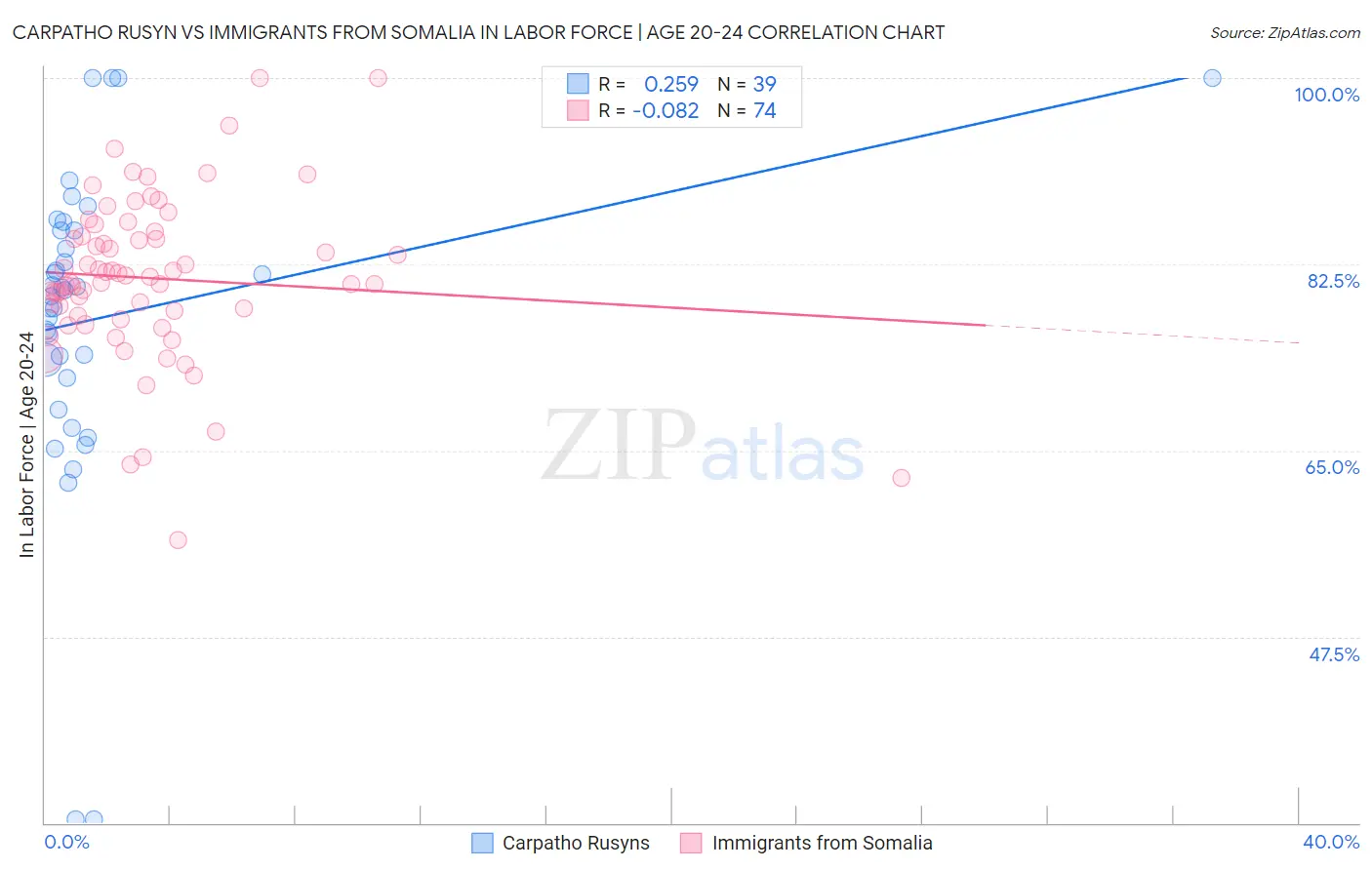 Carpatho Rusyn vs Immigrants from Somalia In Labor Force | Age 20-24