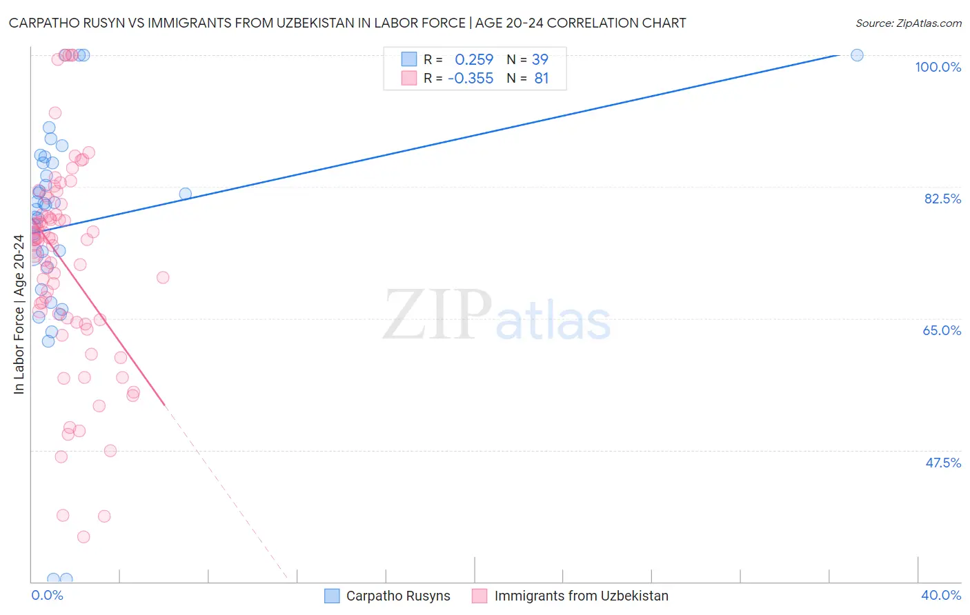 Carpatho Rusyn vs Immigrants from Uzbekistan In Labor Force | Age 20-24