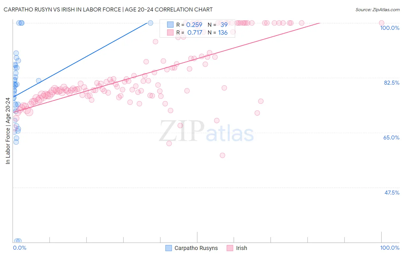 Carpatho Rusyn vs Irish In Labor Force | Age 20-24