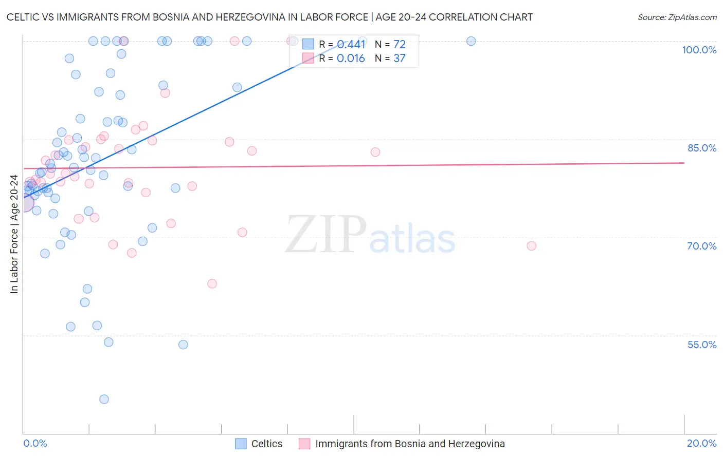 Celtic vs Immigrants from Bosnia and Herzegovina In Labor Force | Age 20-24